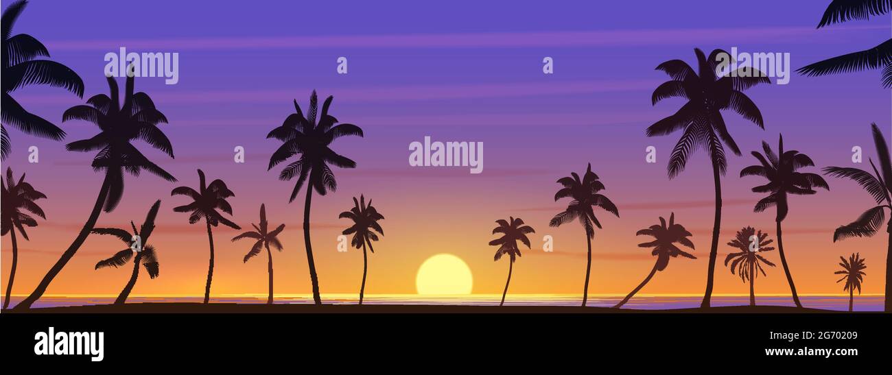 Colorato esotico oceano tropicale tramonto con palme paesaggio panorama illustrazione vettoriale Illustrazione Vettoriale