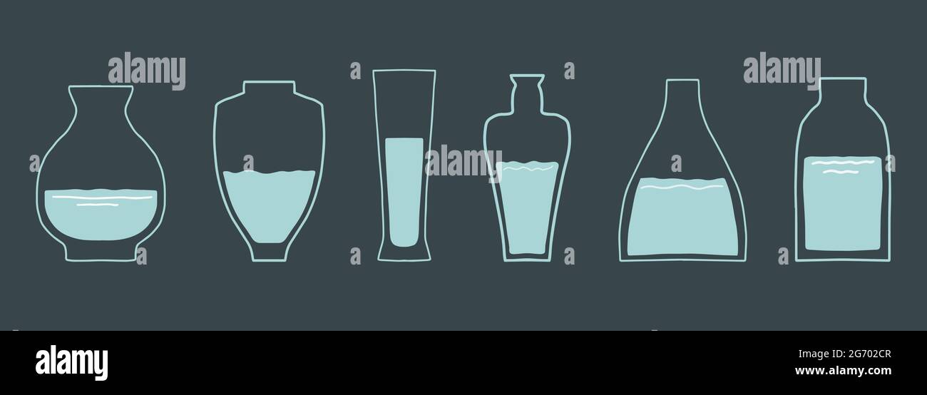 Vari vasi in vetro. Varie forme. Set di vettori disegnati a mano. Illustrazione alla moda. Illustrazione Vettoriale