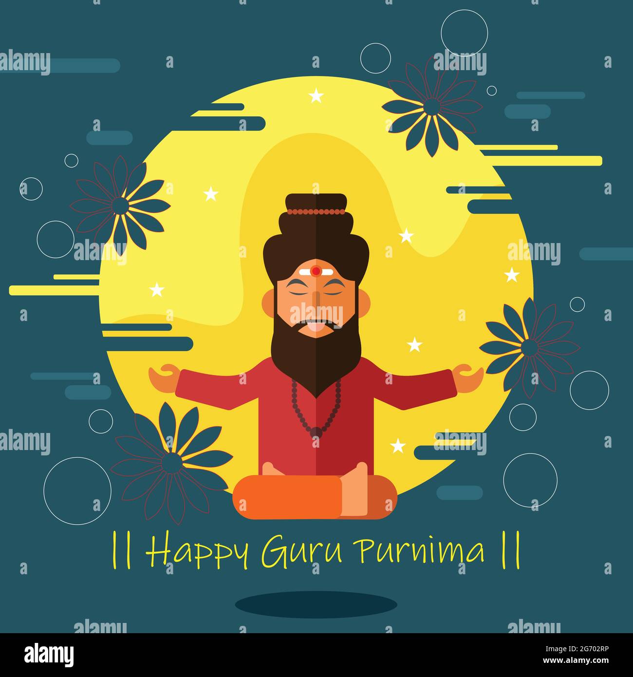 Illustrazione di Guru Purnima con Guru. Lo sfondo è decorato in colori verde e giallo. Scritta calligrafica di felice guru Purnima. Illustrazione Vettoriale