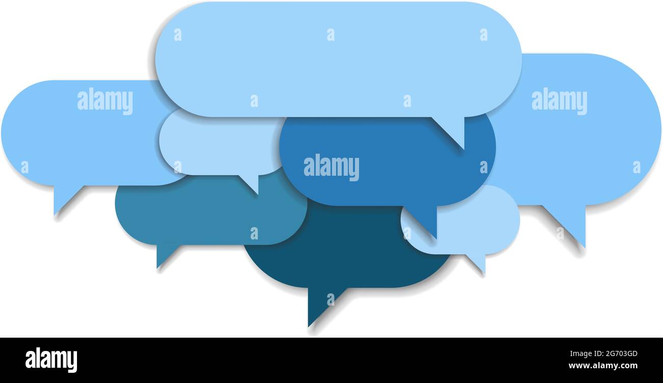 bolle di parlato blu vuote a livelli, simbolo di comunicazione o discussione, illustrazione vettoriale Illustrazione Vettoriale