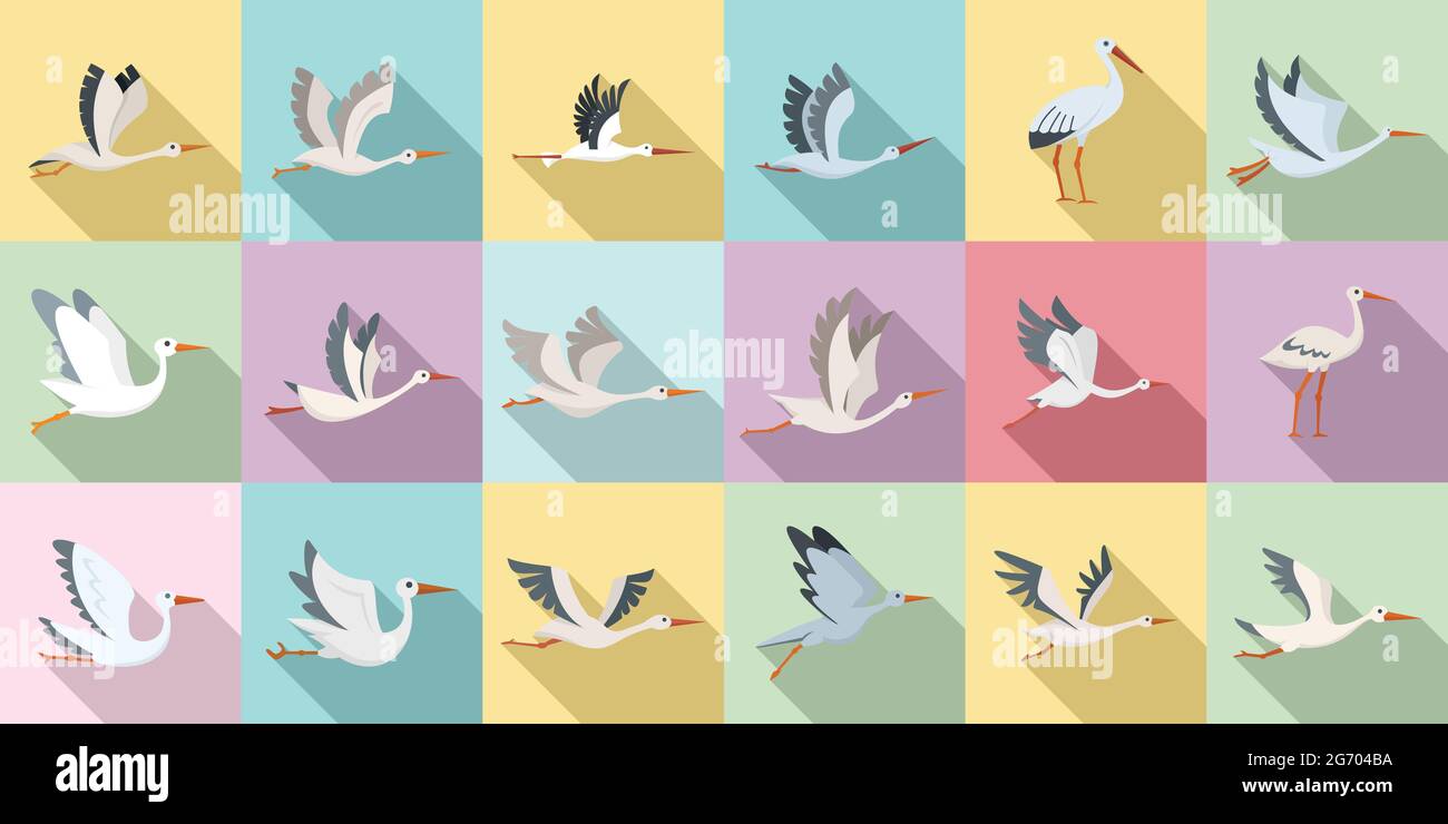 Le icone di stork impostano un vettore piatto. Volo di uccello Illustrazione Vettoriale
