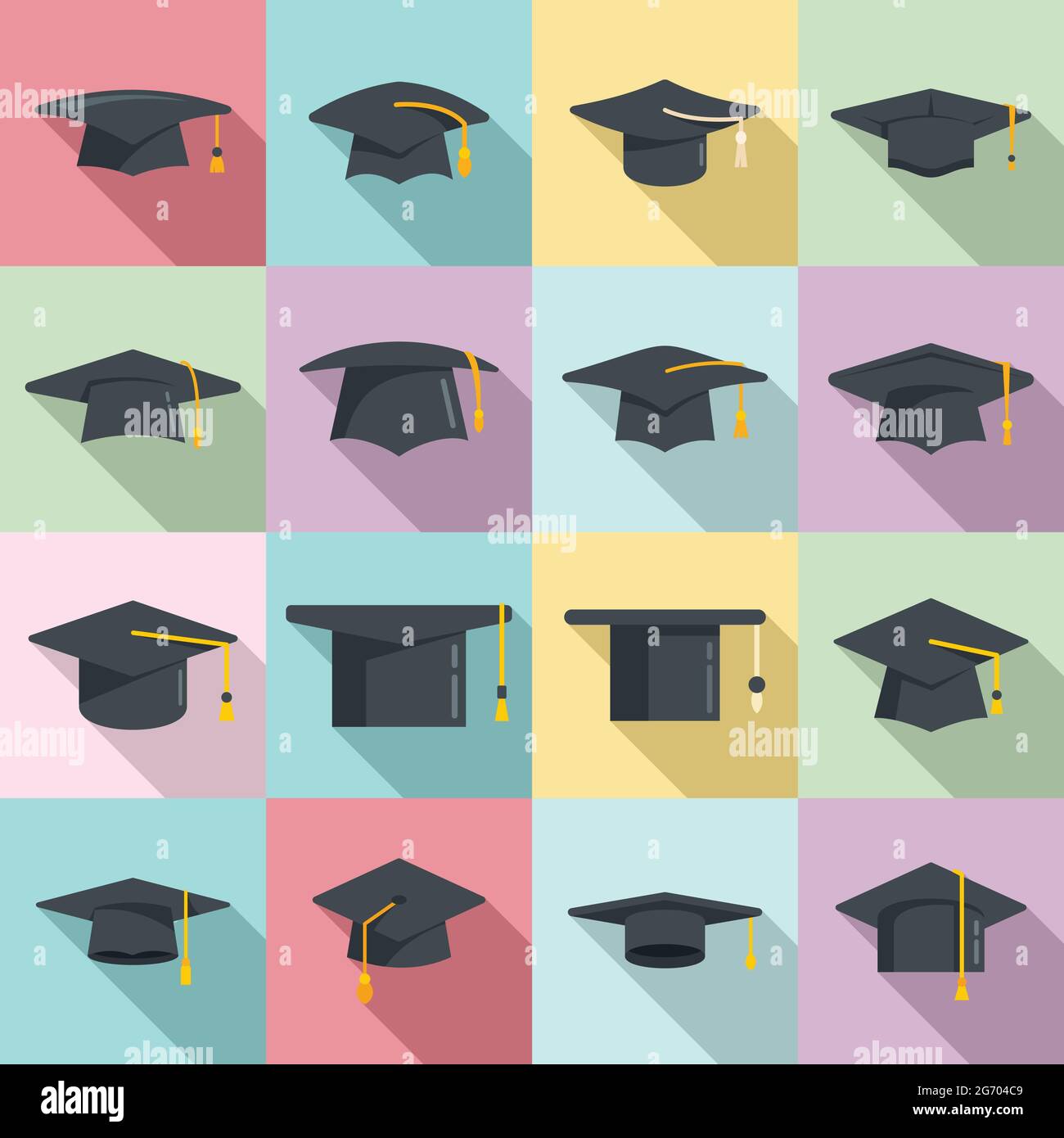 Le icone dei cappelli di graduazione impostano un vettore piatto. Cappello di laurea dell'Accademia Illustrazione Vettoriale