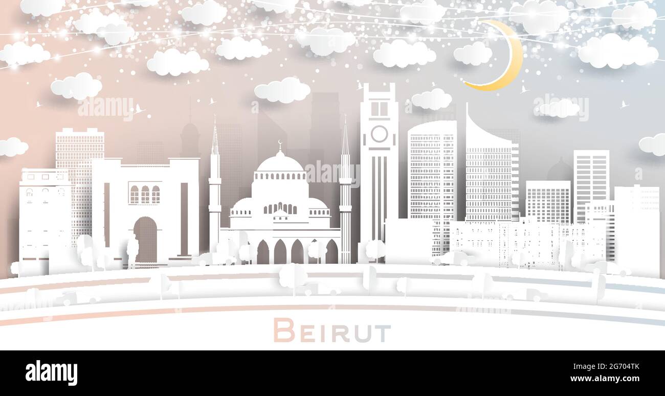 Beirut Lebanon City Skyline in stile Paper Cut con edifici bianchi, Luna e Neon Garland. Illustrazione vettoriale. Concetto di viaggio e turismo. Beirut. Illustrazione Vettoriale