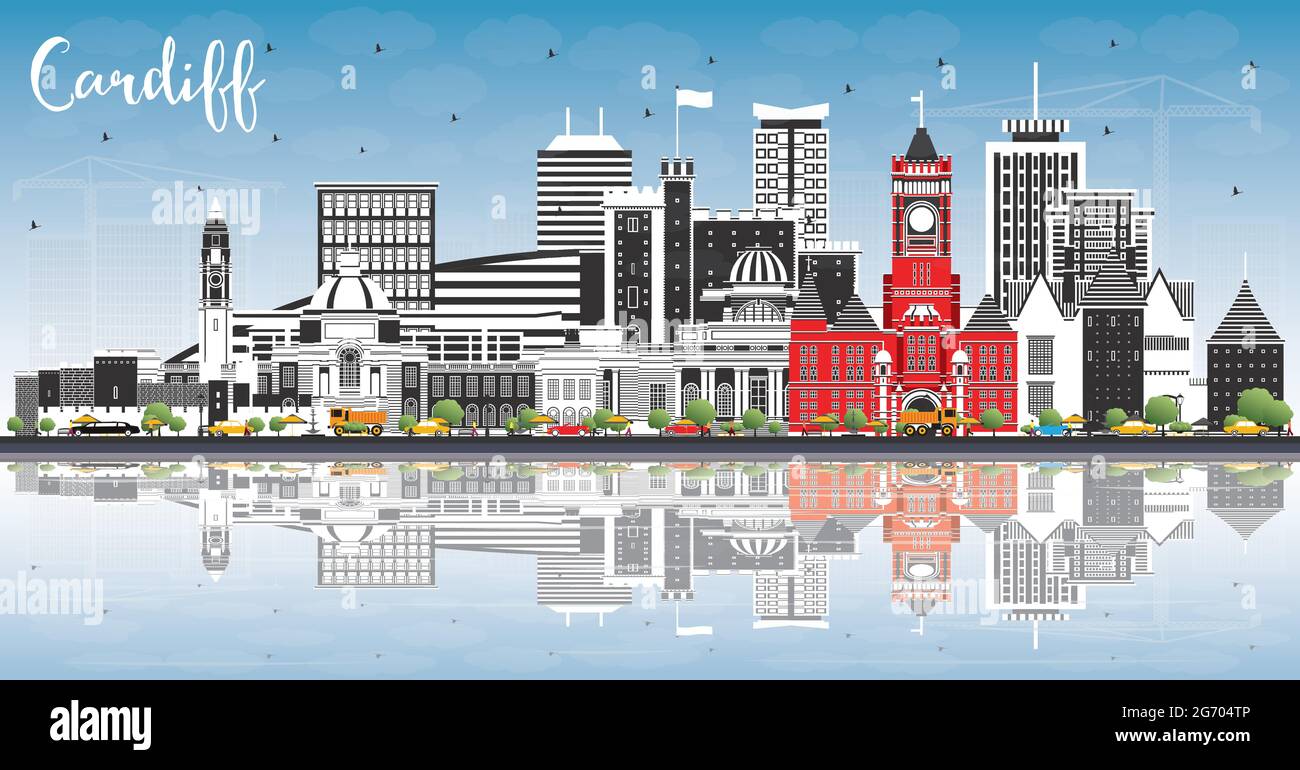 Skyline di Cardiff Wales City con edifici a colori, cielo blu e riflessi. Illustrazione vettoriale. Cardiff Regno Unito con monumenti storici. Viaggi d'affari. Illustrazione Vettoriale