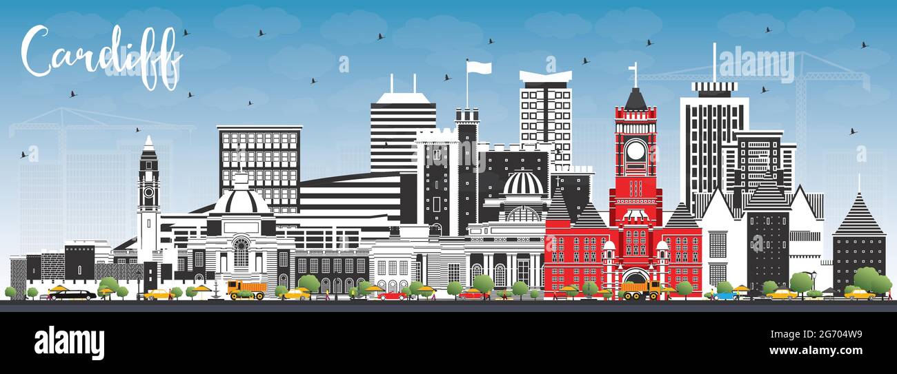 Skyline di Cardiff Wales City con edifici a colori e Blue Sky. Illustrazione vettoriale. Cardiff Regno Unito con monumenti storici. Viaggi d'affari e turismo. Illustrazione Vettoriale