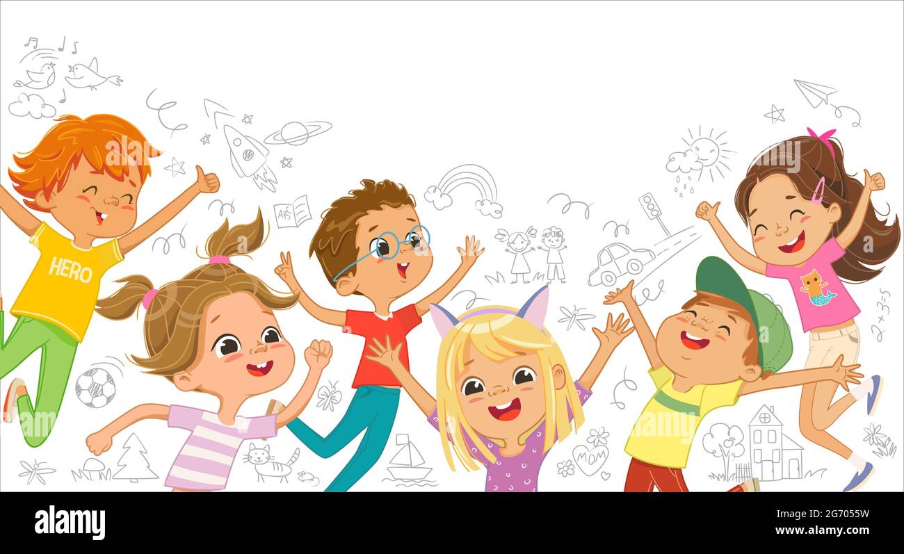 Un gruppo di ragazzi e ragazze caicasie gioca insieme, saltando e ballando divertimento sullo sfondo del muro con disegni per bambini. Banner lungo Illustrazione Vettoriale