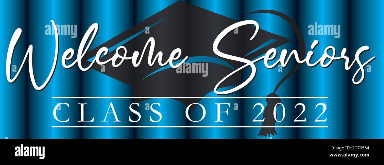 Classe Seniors di benvenuto di 2022 Banner sfondo blu con tappo graduazione Illustrazione Vettoriale
