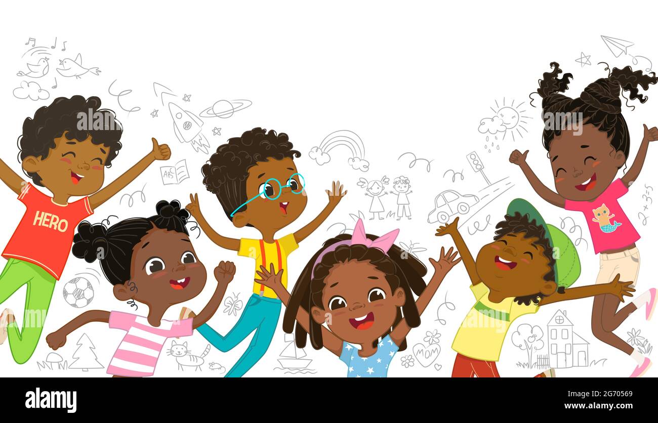 Un gruppo di ragazzi e ragazze afro-americani gioca insieme, saltando e ballando divertimento sullo sfondo del muro con disegni per bambini. Lungo Illustrazione Vettoriale