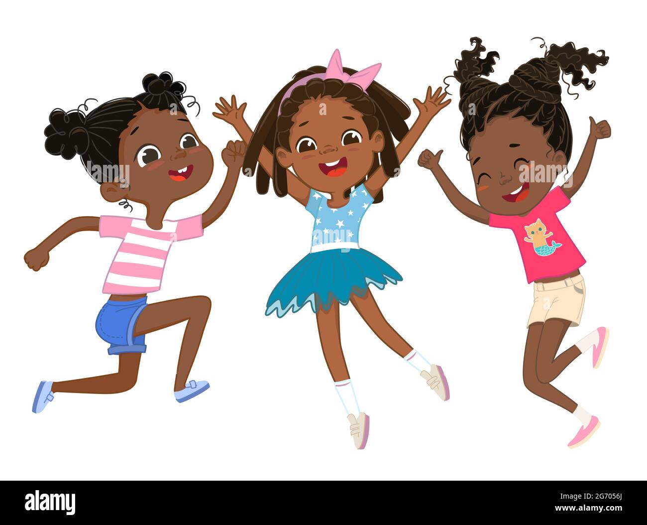 Carino felice afroamericano ragazze giocare insieme, saltando e ballando divertimento sullo sfondo. Ragazze ridenti, sfondo vettoriale per poster, copertina Illustrazione Vettoriale