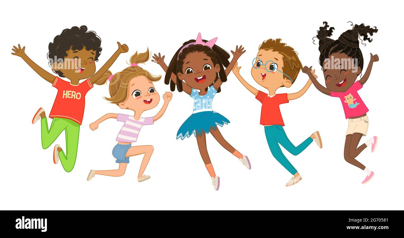 I ragazzi e le ragazze multiculturali giocano insieme, saltando felicemente e ballando divertimento sullo sfondo. I bambini si divertono. Cartone colorato Illustrazione Vettoriale