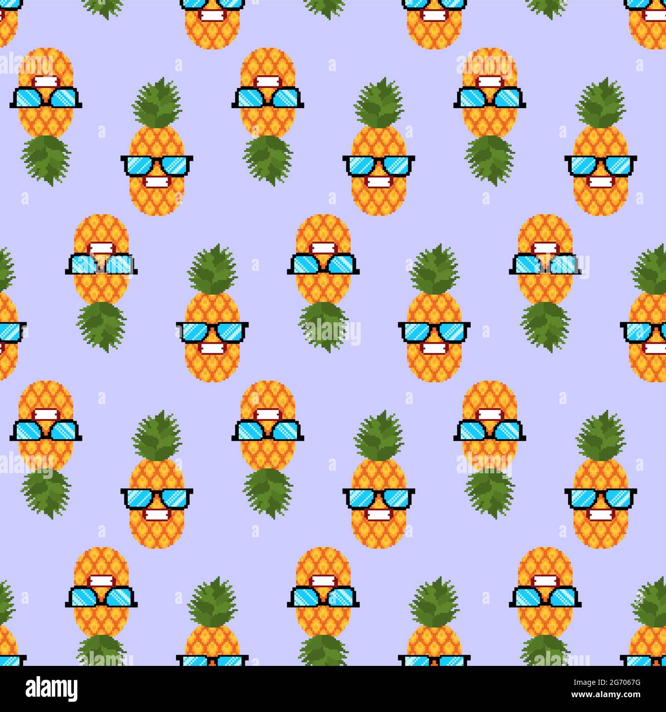 Ananas fresco con bicchieri pixel art pattern senza cuciture. 8 bit di sfondo Illustrazione Vettoriale