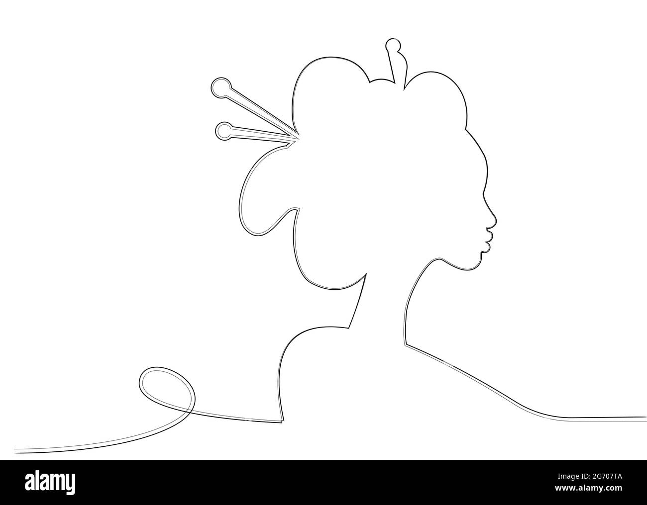 Silhouette di giovane ragazza giapponese un'antica acconciatura. Design in stile artistico Black Line. Geisha, maiko, principessa. Disegno di schizzo di una donna asiatica tradizionale. Illustrazione Vettoriale