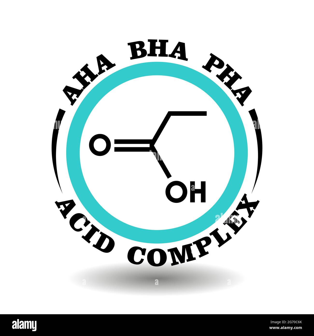 Icona vettoriale circolare AHA, BHA, PHA acido complesso per confezione i segni di prodotto contengono alfa, beta, poli idrossiacidi nei cosmetici detergenti. Trea anti-acne Illustrazione Vettoriale