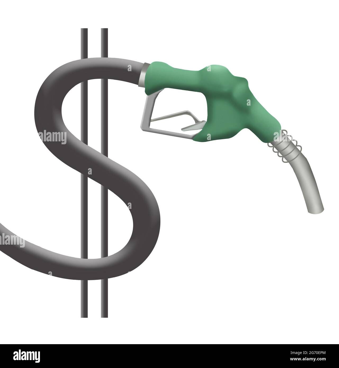 Un ugello su una pompa di benzina è su un tubo flessibile a forma di dollaro segno in questa illustrazione 3-d circa i prezzi della benzina. Foto Stock