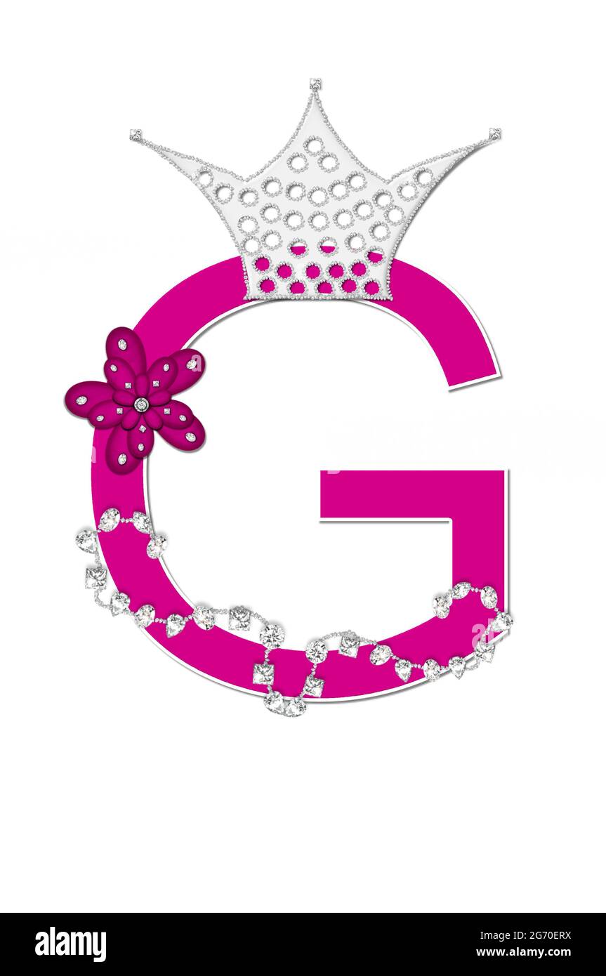 La lettera G, nell'alfabeto 'Pageant Queen' è rosa brillante e contornata  di bianco. La lettera è decorata con corona, fiore e diamanti Foto stock -  Alamy