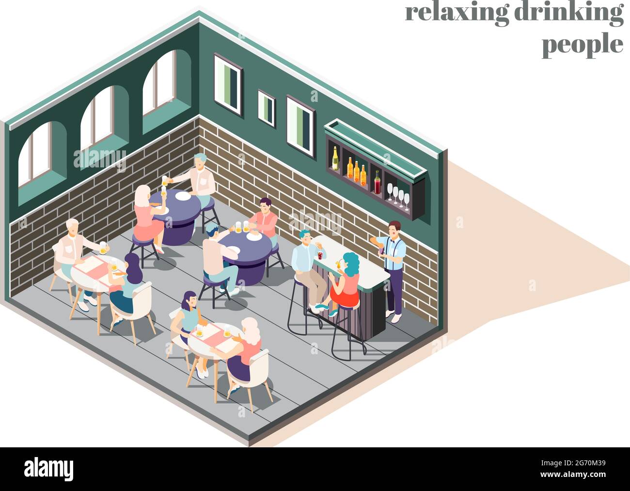 Persone che si rilassano e bevono nel concetto isometrico bar con simboli di svago illustrazione vettoriale Illustrazione Vettoriale