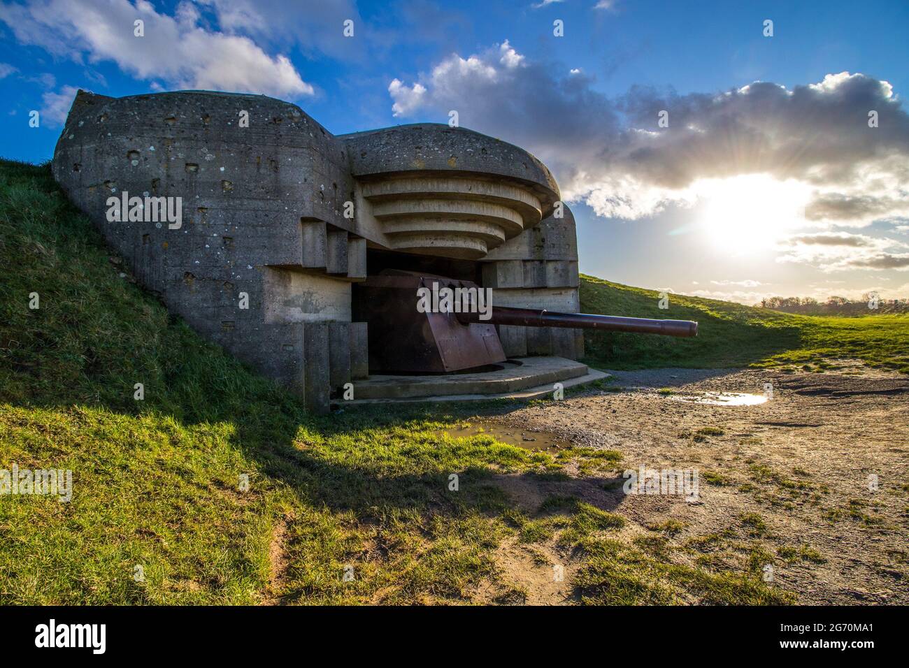 Batteria storica Longues-sur-Mer a Longues-sur-Mer, Francia Foto Stock