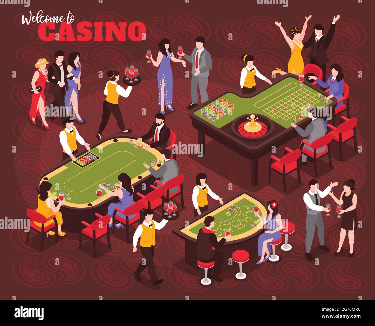 Composizione isometrica del casinò con personaggi umani di celebrità e ricchi giocatori di roulette con testo ornato illustrazione vettoriale Illustrazione Vettoriale