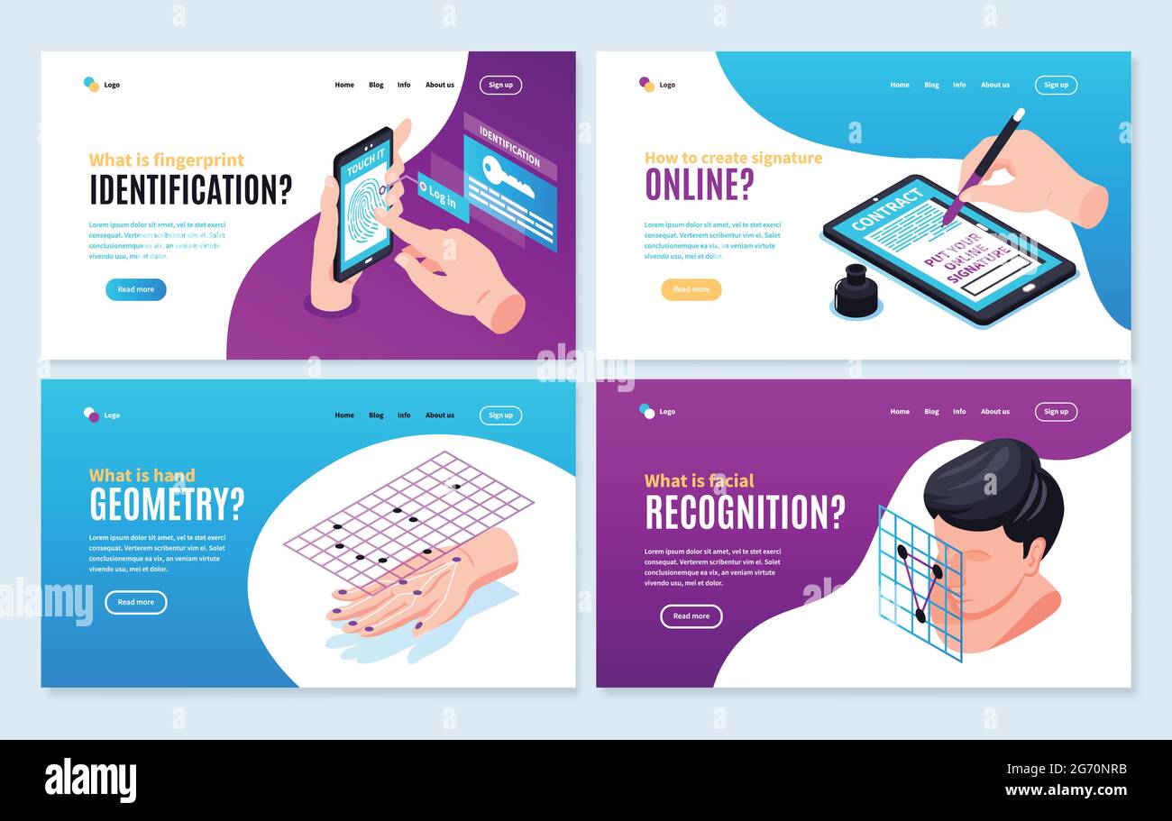 Set di quattro banner orizzontali di identificazione biometrica isometrica isolati pagine del sito Web con collegamenti di testo modificabili illustrazione vettoriale Illustrazione Vettoriale