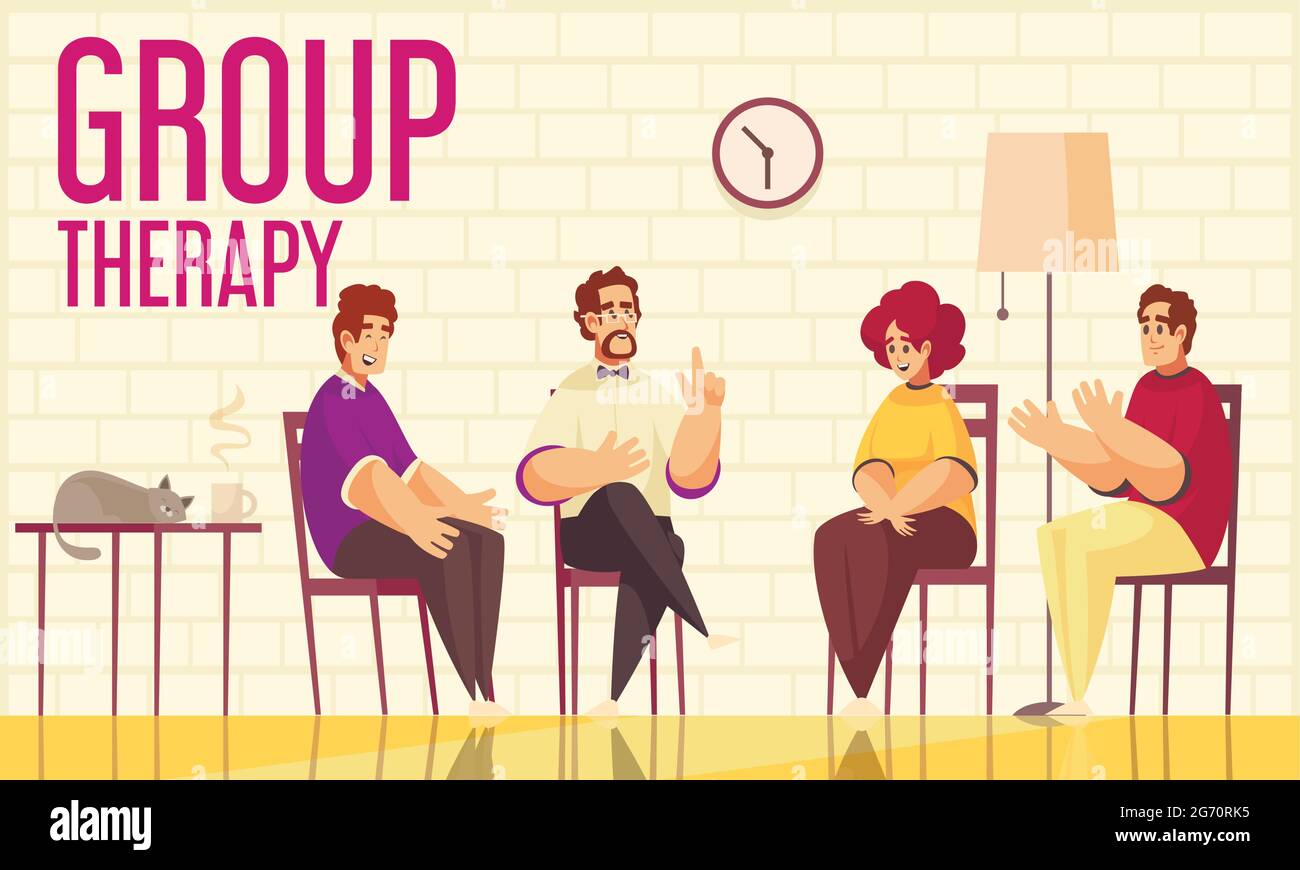 Psichoterapia gruppo terapia seduta composizione piatta con i membri guidati dal terapeuta condividere i loro stati d'animo sentimenti illustrazione vettoriale Illustrazione Vettoriale