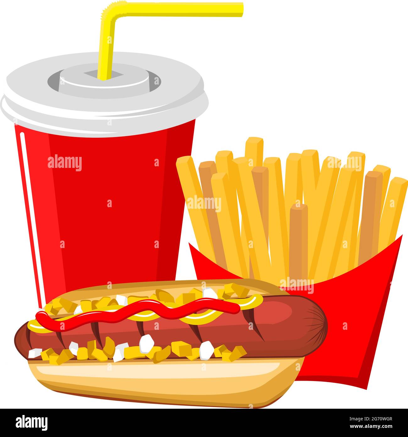 Hot dog di manzo con patatine fritte e bevanda alla cola Illustrazione Vettoriale