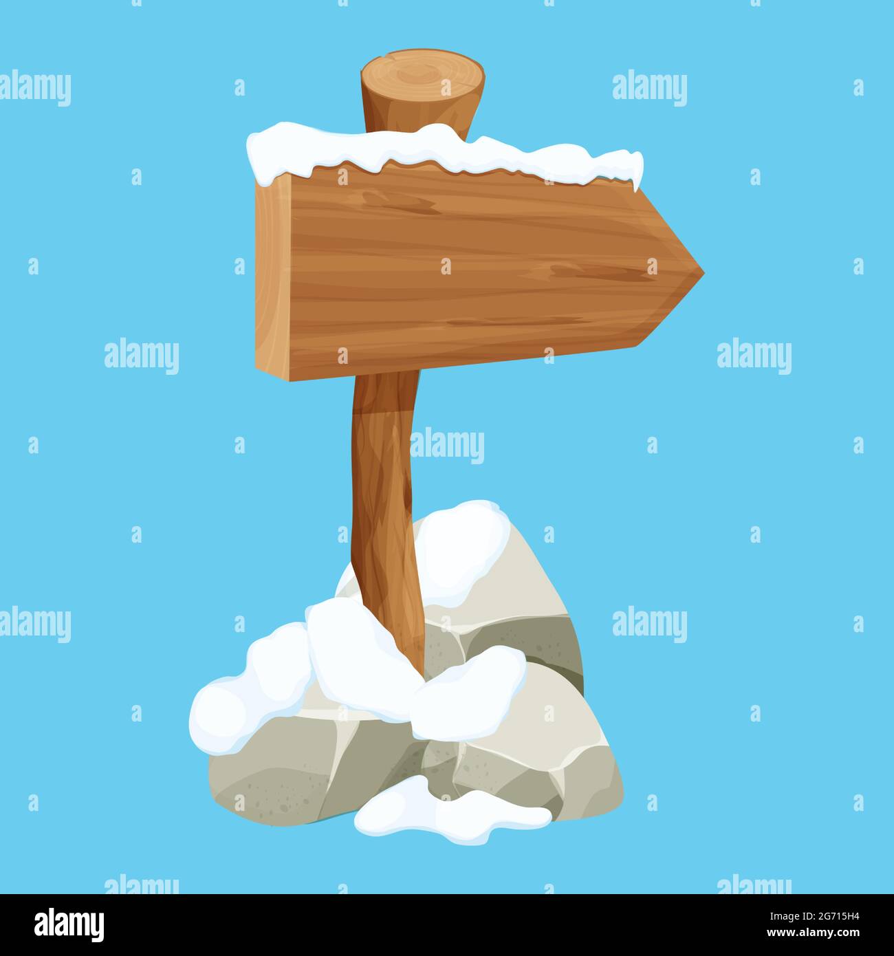 Vecchio bianco di legno, cartello con la neve in cartoon style.empty cornice, direzione tavola isolata su sfondo bianco. Decorazione di stagione. Illustrazione vettoriale Illustrazione Vettoriale