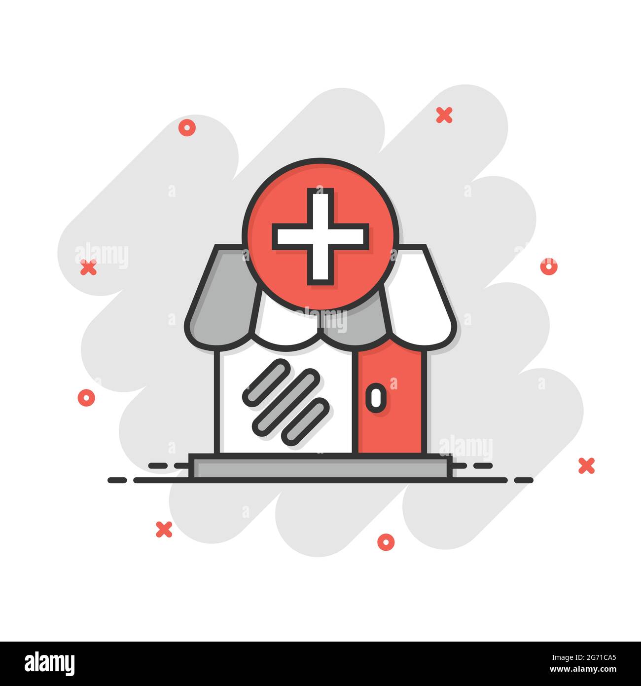 Icona Mall in stile comico. Memorizzazione di illustrazioni vettoriali su sfondo bianco isolato. Acquista Splash Effect business concept. Illustrazione Vettoriale