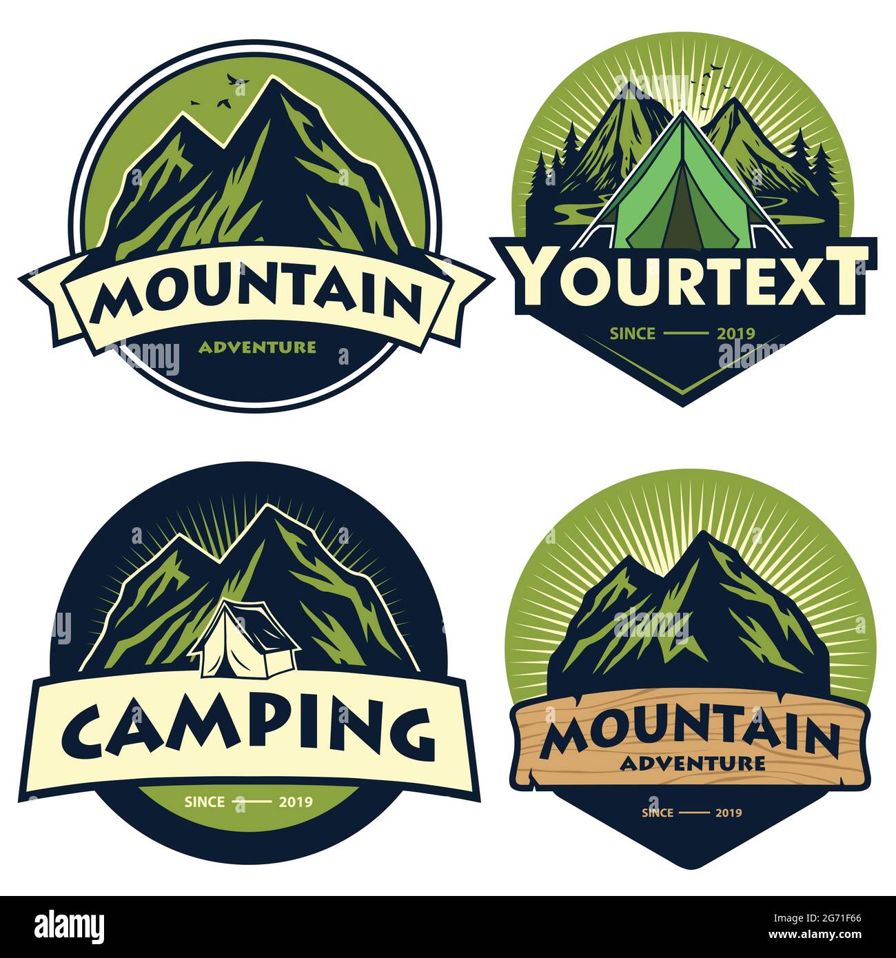 Set di Logo Mountain Camping, modelli, elementi Vector Design, Outdoor Adventure e Forest Expeditions. Illustrazione di emblemi e distintivi d'epoca Illustrazione Vettoriale