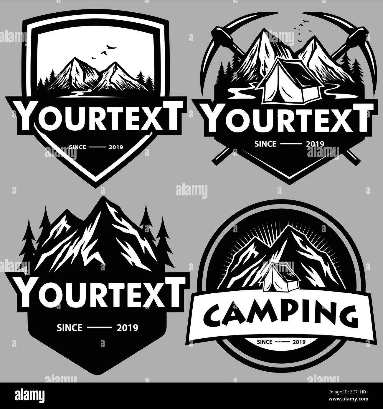 Set logo per Mountain Adventure , Camping, Ice Climbing Expedition. Logo ed etichette vettoriali vintage, icone modello disegno Illustrazione Bianco e nero Illustrazione Vettoriale