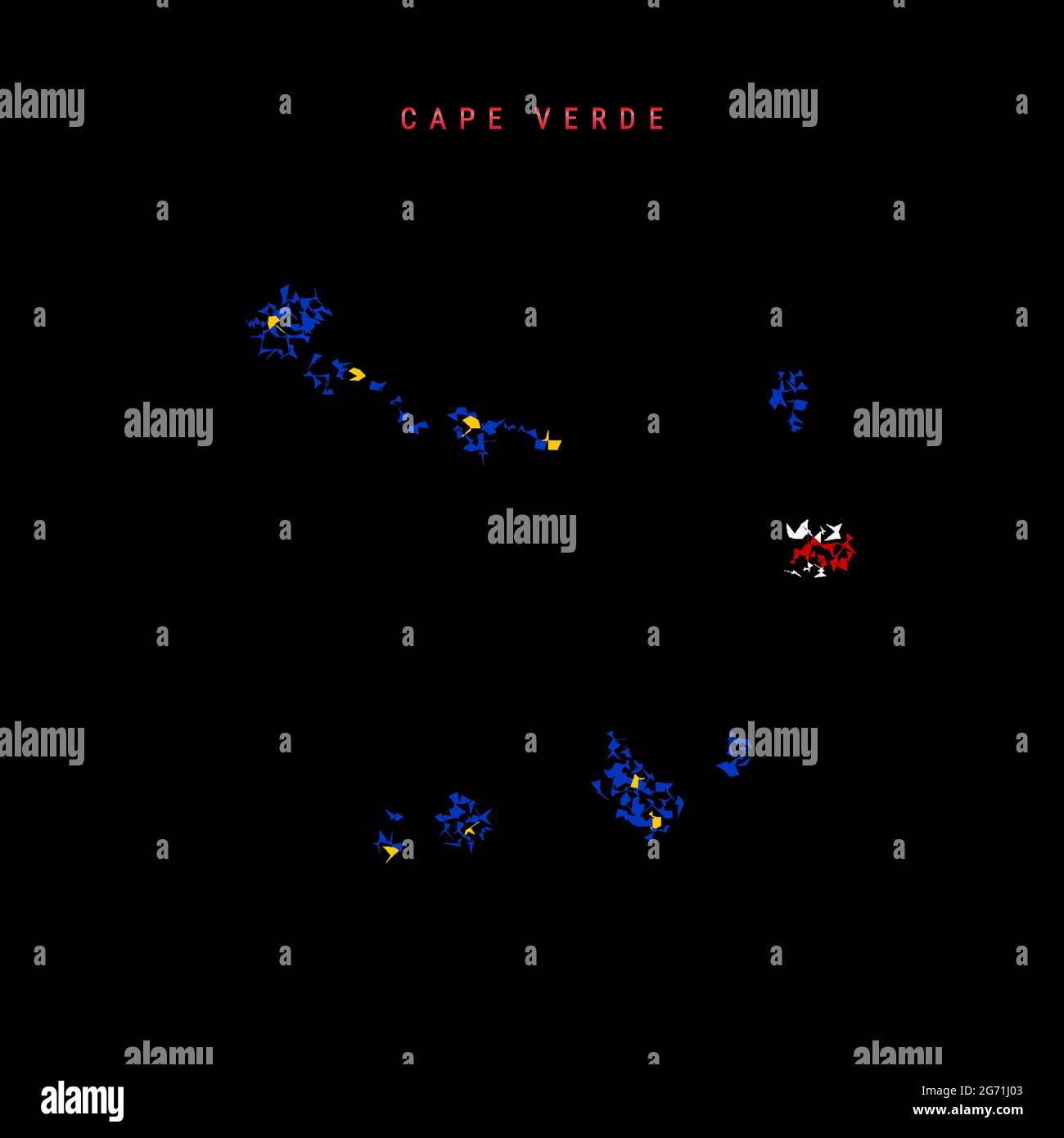 Mappa della bandiera di Capo Verde, schema di particelle caotiche nei colori della bandiera di Cabo Verde. Illustrazione vettoriale isolata su sfondo nero. Illustrazione Vettoriale