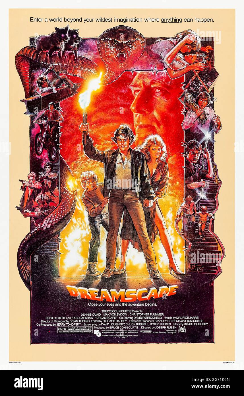 Dreamscape (1984) diretto da Joseph Ruben con Dennis Quaid, Max von Sydow, David Patrick Kelly e Christopher Plummer. Uno psichico è reclutato dal governo per entrare nei sogni del presidente e influenzarlo, ma non è solo e se si muore nel vostro sogno si muore nella vita reale. Foto Stock