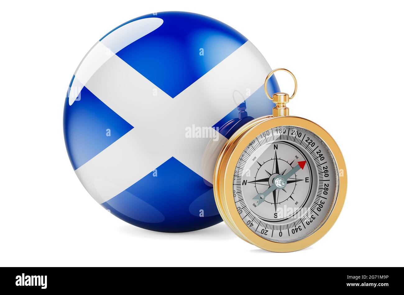Bussola con bandiera scozzese. Viaggi e turismo in Scozia concetto. Rendering 3D isolato su sfondo bianco Foto Stock