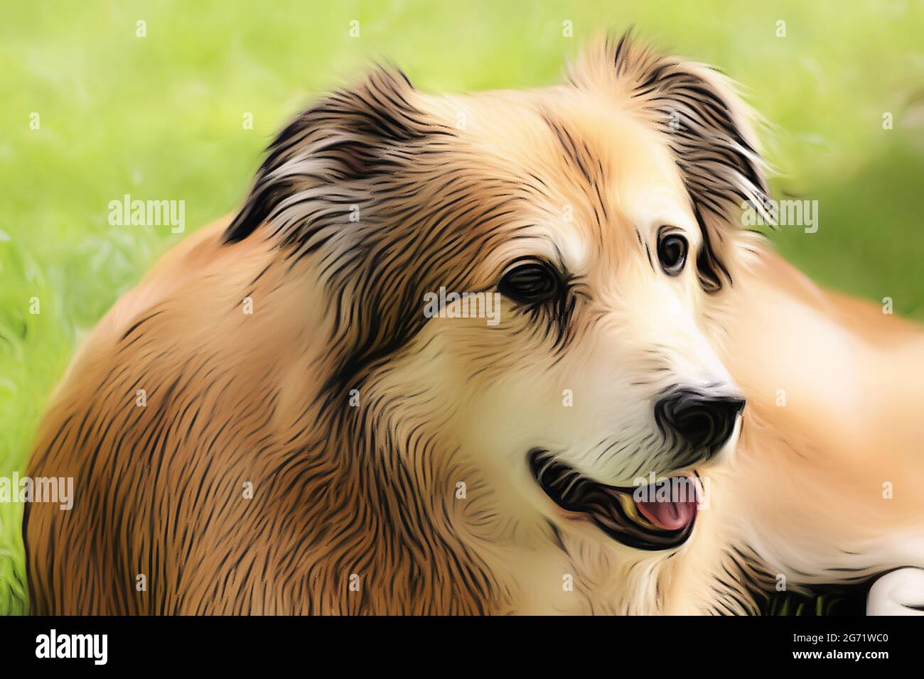 Ritratto di un cane di razza mista della Romania in giardino in primavera nello stile di un disegno morbido con vernici acriliche Foto Stock