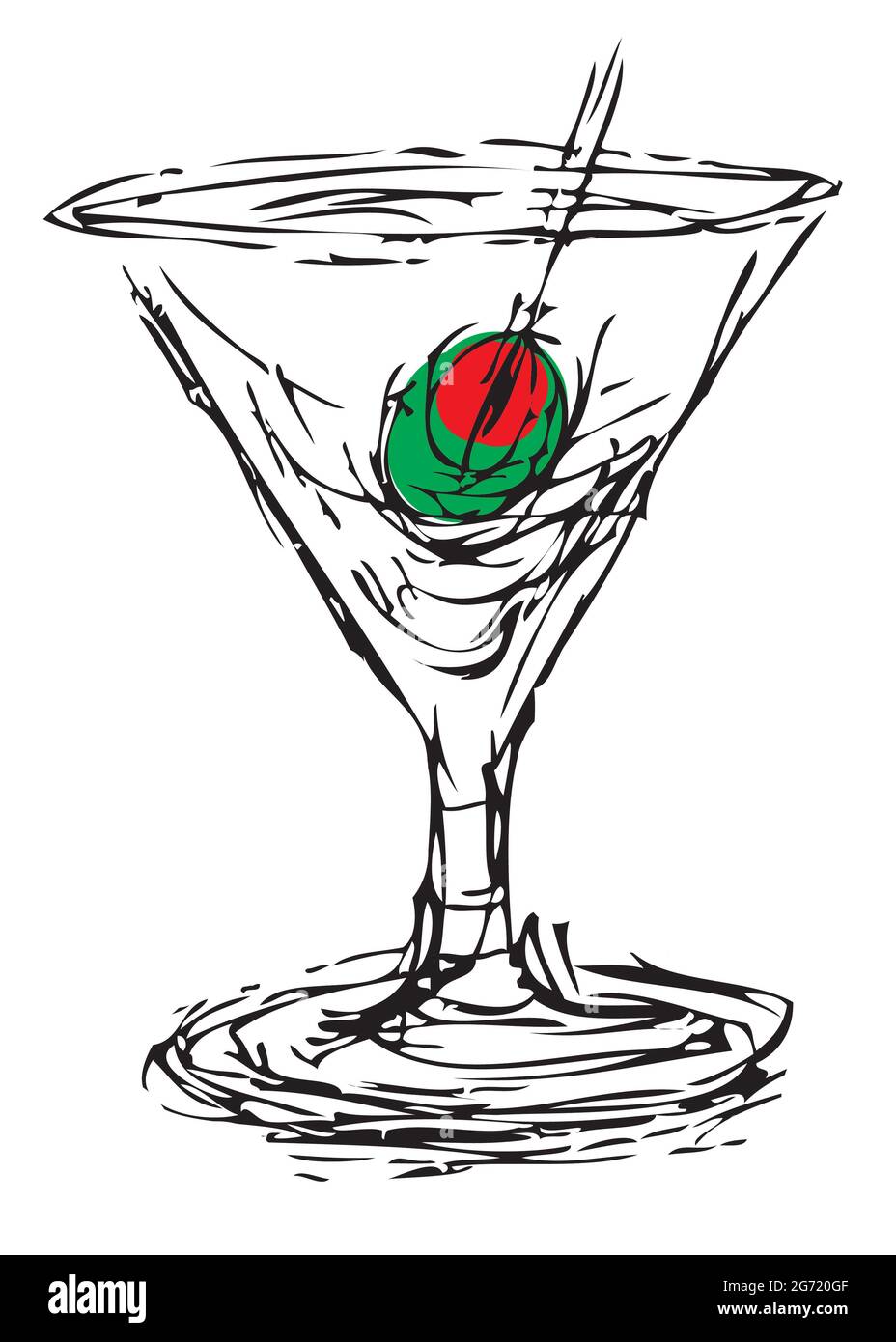 Disegno a inchiostro di un cocktail martini con un'oliva Foto Stock