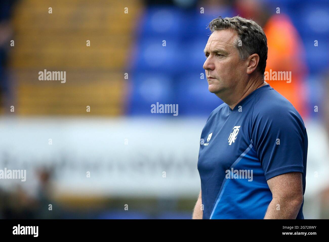 Birkenhead, Regno Unito. 10 luglio 2021. Topolino Mellon, responsabile di Tranmere Rovers, si occupa di questo aspetto. Incontro amichevole pre-stagione, Tranmere Rovers contro Rangers a Prenton Park, Birkenhead, Wirral sabato 10 luglio 2021. Questa immagine può essere utilizzata solo per scopi editoriali. Solo per uso editoriale, è richiesta una licenza per uso commerciale. Nessun uso in scommesse, giochi o un singolo club/campionato/giocatore publications.pic di Chris Stading/Andrew Orchard sports photography/Alamy Live News Credit: Andrew Orchard sports photography/Alamy Live News Foto Stock