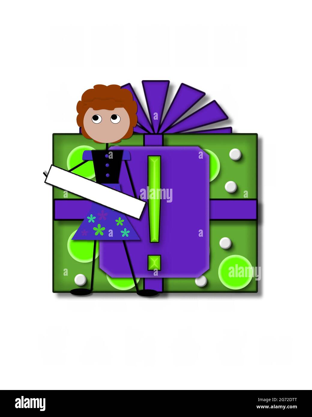 Punto esclamativo, nell'alfabeto 'tutte le occasioni', etichetta la parte anteriore di una confezione regalo completa di prua. Un bastone figura si leva oltre a confezione regalo holdi Foto Stock