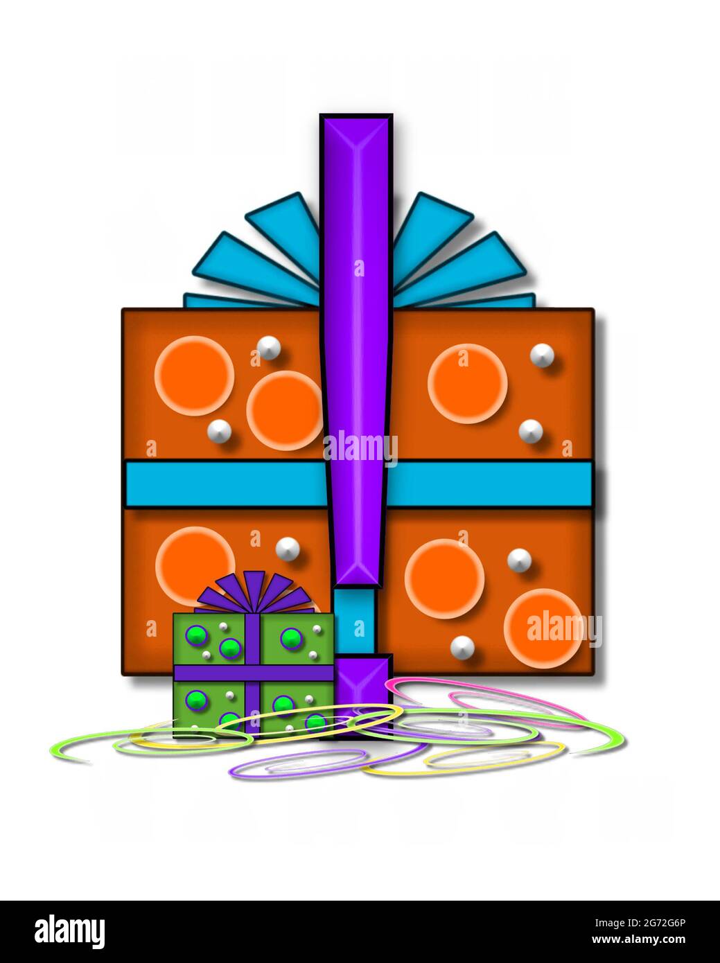 Il punto esclamativo, nei set box e nelle archi dell'alfabeto, è viola 3D e circondato da scatole regalo. Gli streamer colorati coprono la base della lettera e delle scatole. Foto Stock