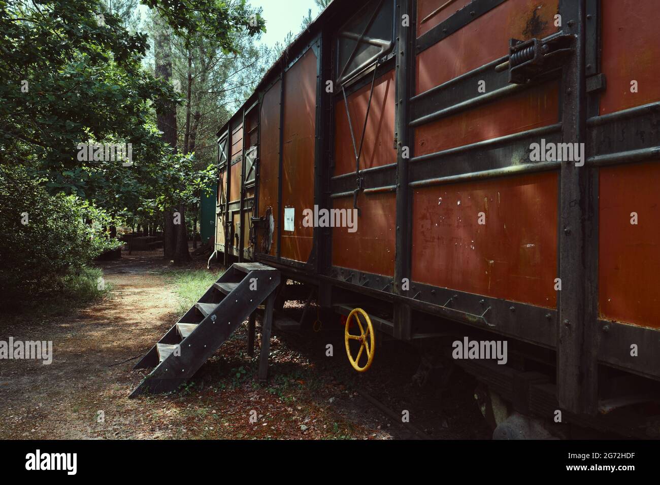 Abbandonato vagone ferroviario in una foresta, Ecomuseo di Marquèze, Francia Foto Stock