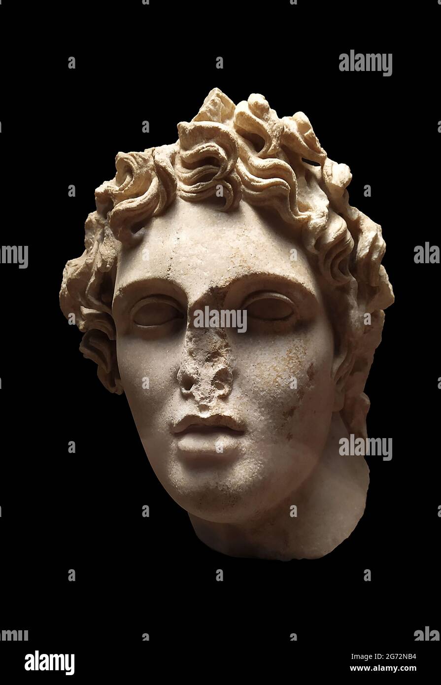 Testa di marmo del re greco Alessandro Magno. Foto Stock