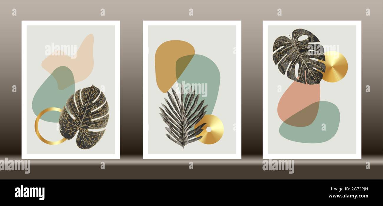 Insieme vettoriale per arte da parete botanica. Disegno d'arte linea fogliame d'oro con forma astratta, pianta astratta d'oro disegno d'arte per pareti incorniciate, tela di prin Illustrazione Vettoriale