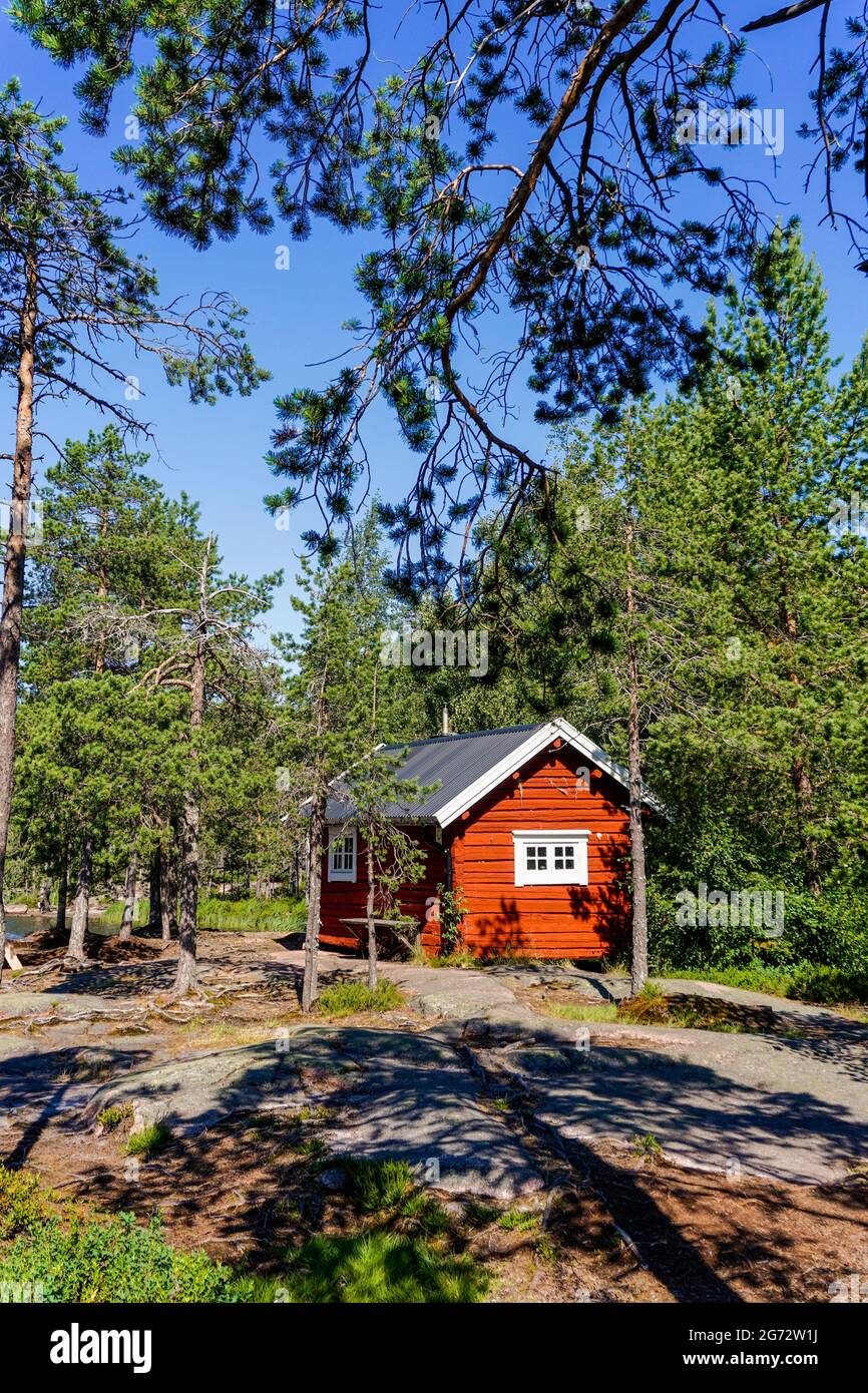 Una vista verticale di un idilliaco cottage in legno rosso nel paesaggio forestale sul Mar Baltico, nella Svezia settentrionale Foto Stock