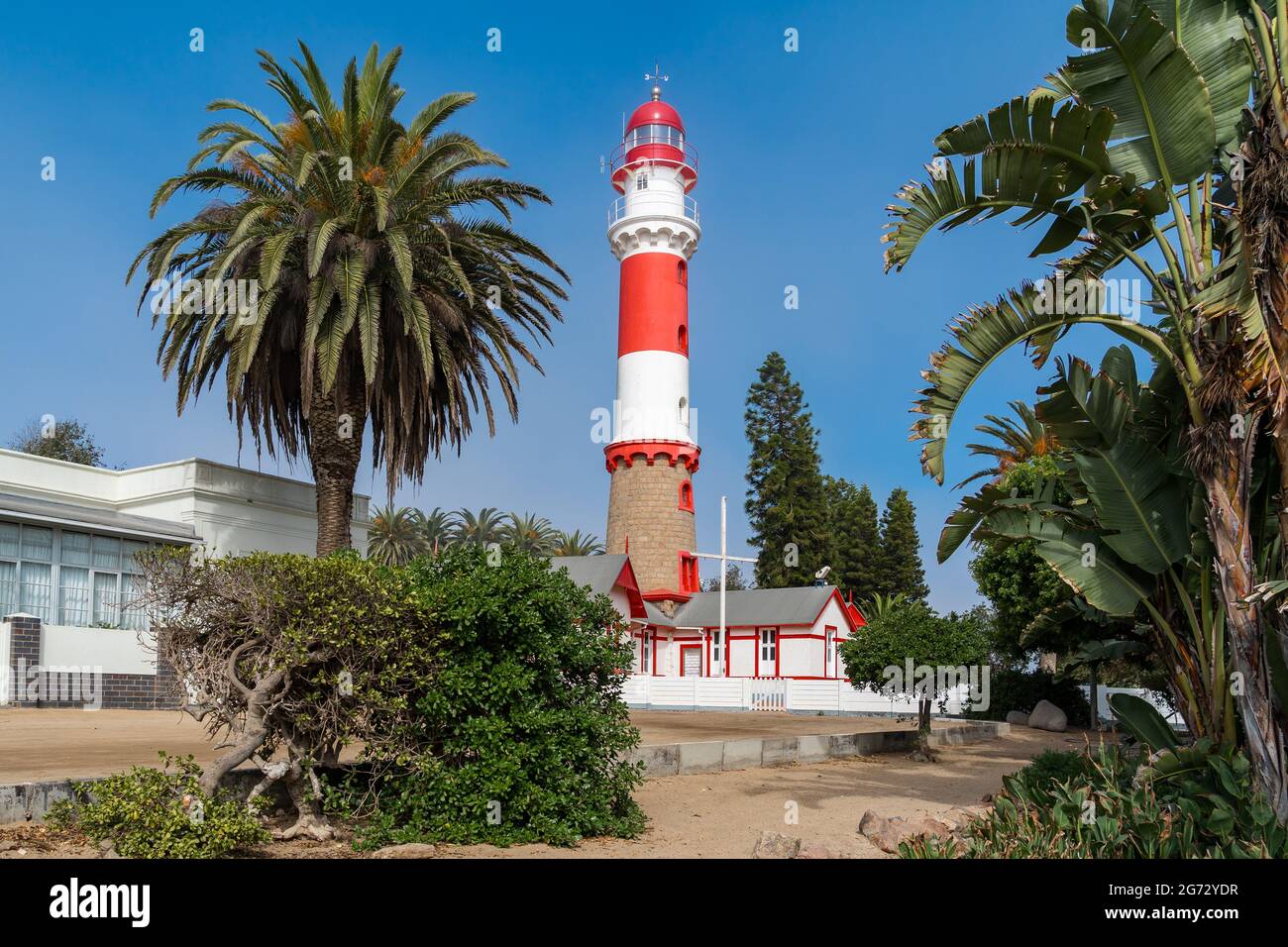 Punto di riferimento architettonico Faro di Swakopmund, costruito durante il periodo coloniale tedesco a Swakopmund, Namibia. Foto Stock