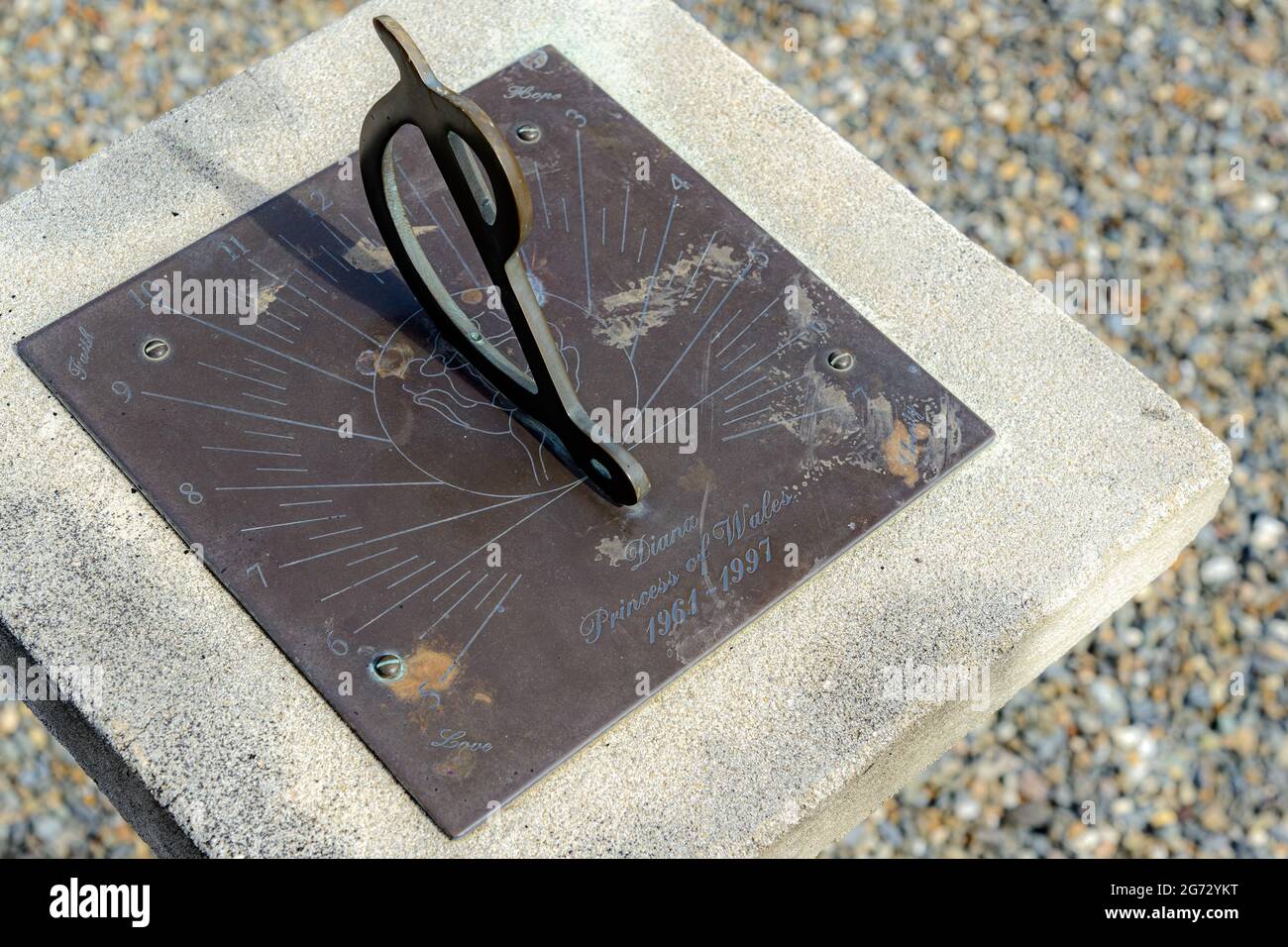 San Giovanni, NB, Canada - 28 maggio 2017: Una meridiana in memoria di Diana, Principessa del Galles, 1961-1997. Foto Stock