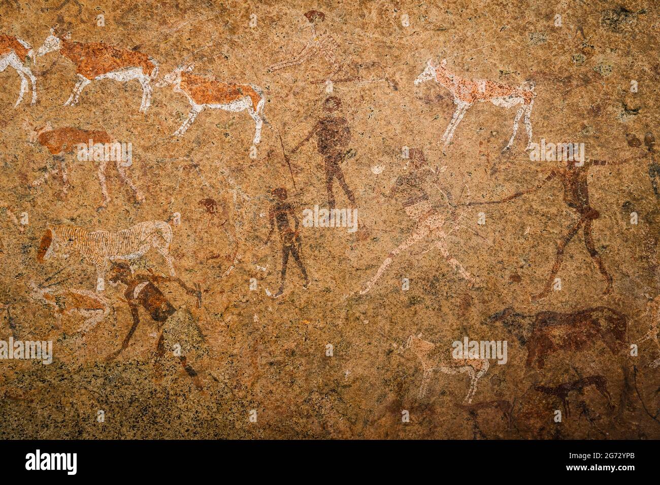 Antica pittura rupestre conosciuta come la Madonna Bianca di Brandberg, situata ai piedi del Monte Brandberg a Damaraland, Namibia, Africa. Foto Stock