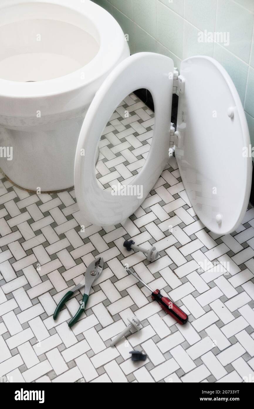 Il nuovo kit di sedili per WC attende Installion in un bagno casalinghi, USA Foto Stock