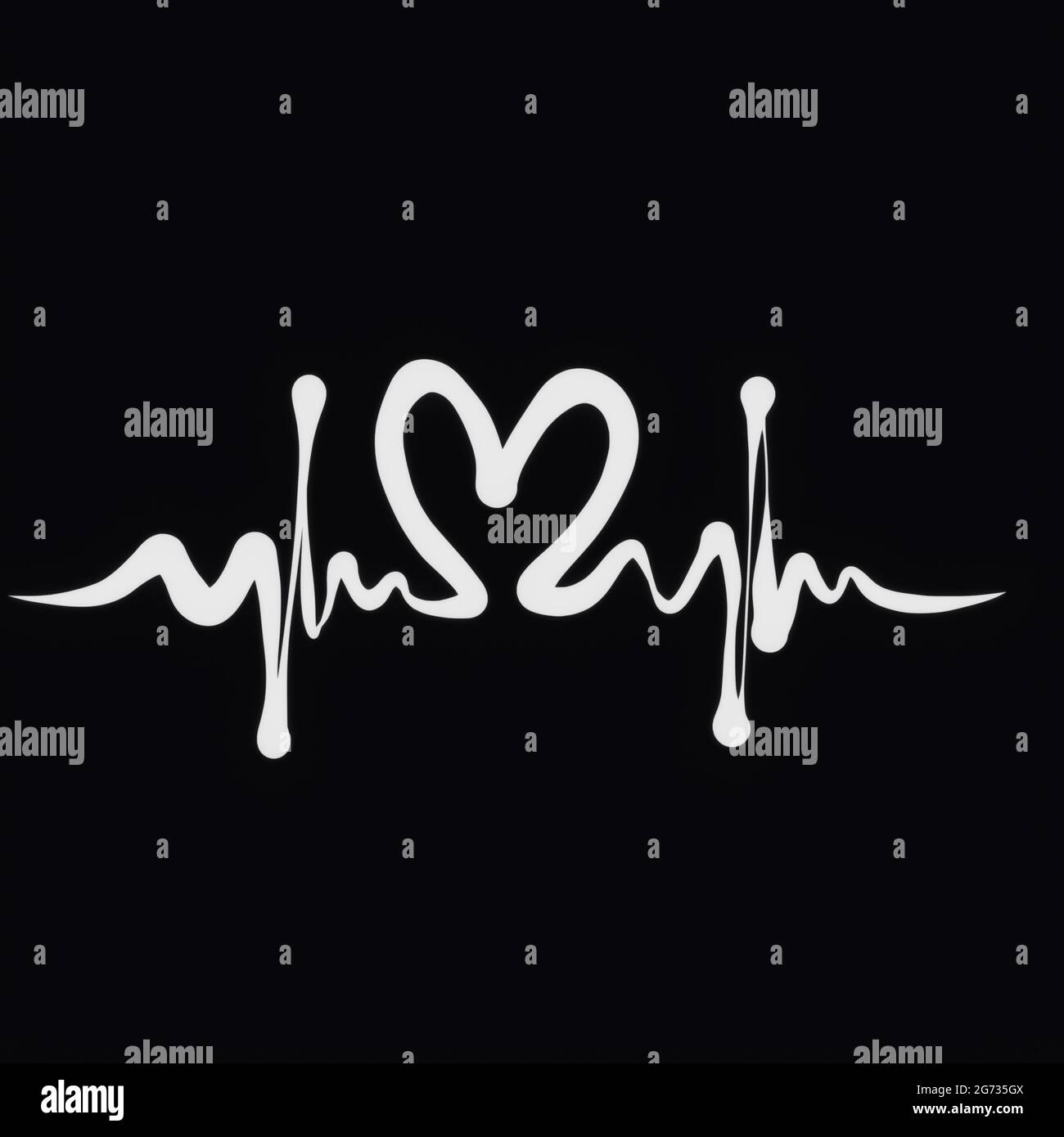 Illustrazione digitale di un cardiogramma bianco con un cuore su sfondo nero Foto Stock