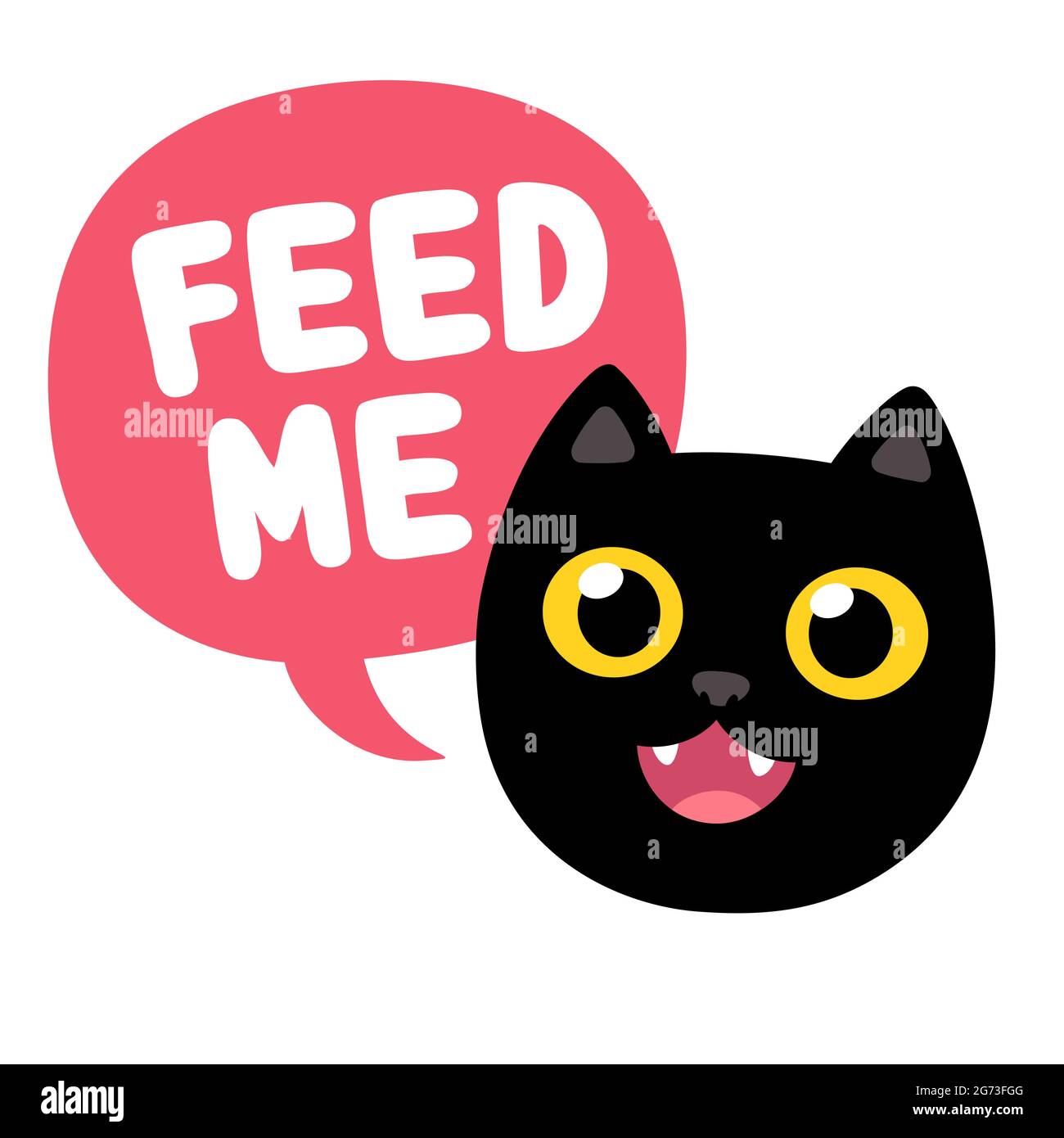 Divertente fumetto gatto nero con bolla del parlato che dice Feed Me. Carino disegno di gatto affamato, illustrazione vettoriale. Illustrazione Vettoriale