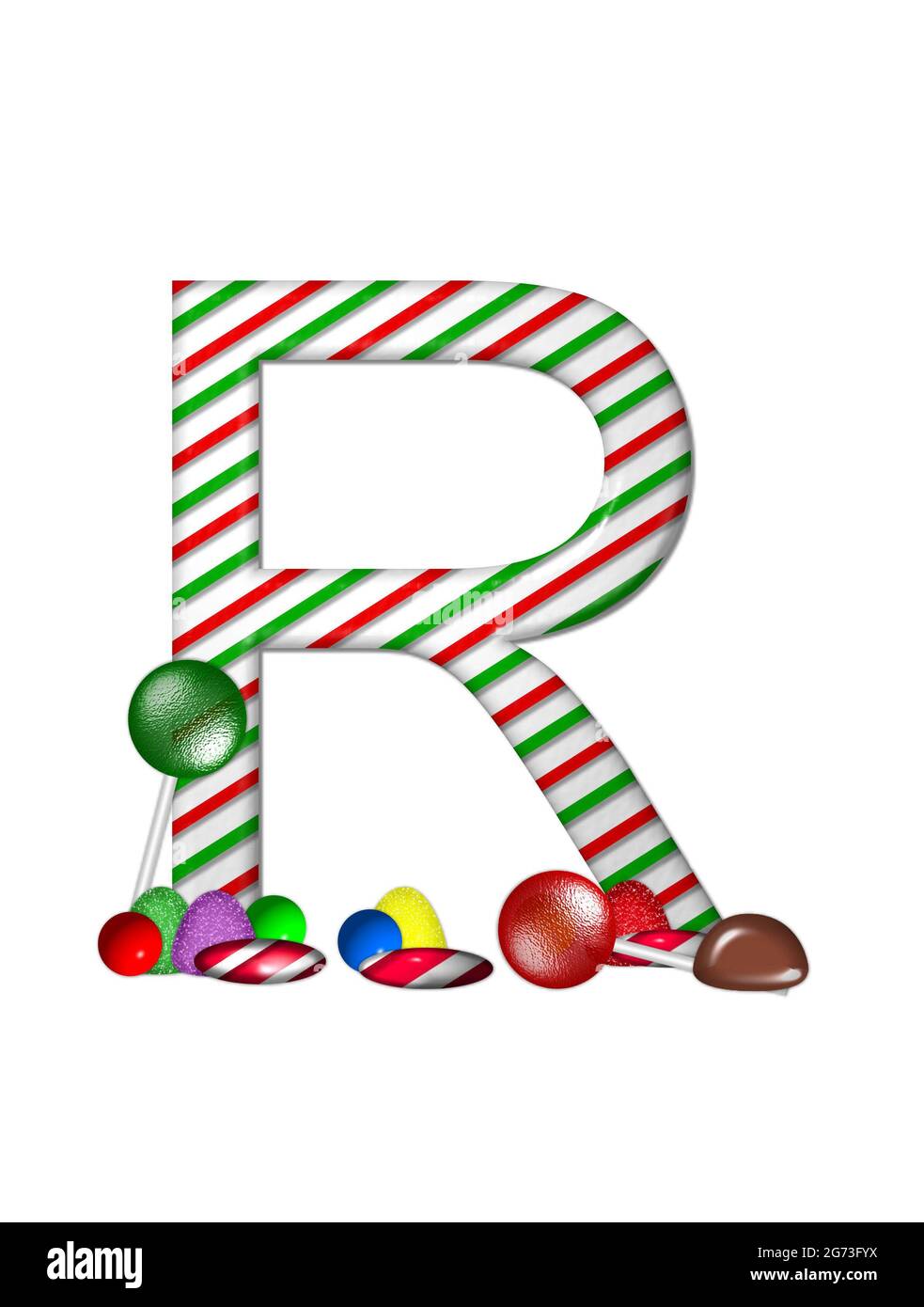 La lettera R, nell'alfabeto 'Candy cane Sweets', è pepperment a strisce in rosso e verde. Gocce di gumdrops, gumball, menta piperita, cioccolato e lecca Foto Stock
