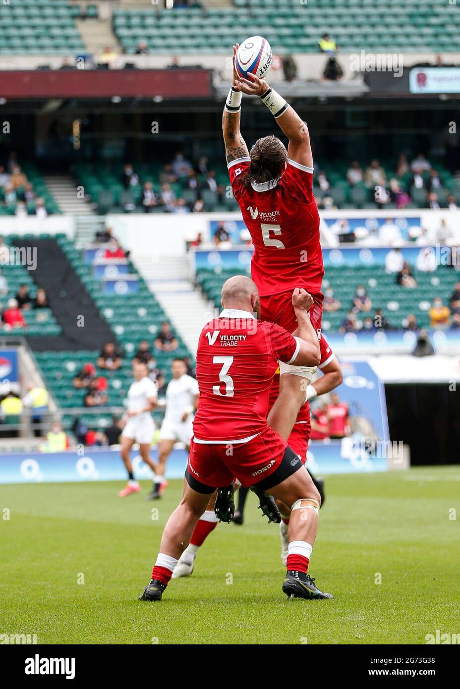 Twickenham, Londra, Regno Unito. 10 luglio 2021. International Rugby Union England Versus Canada; Conor Keys of Canada al calcio d'inizio Credit: Action Plus Sports/Alamy Live News Foto Stock