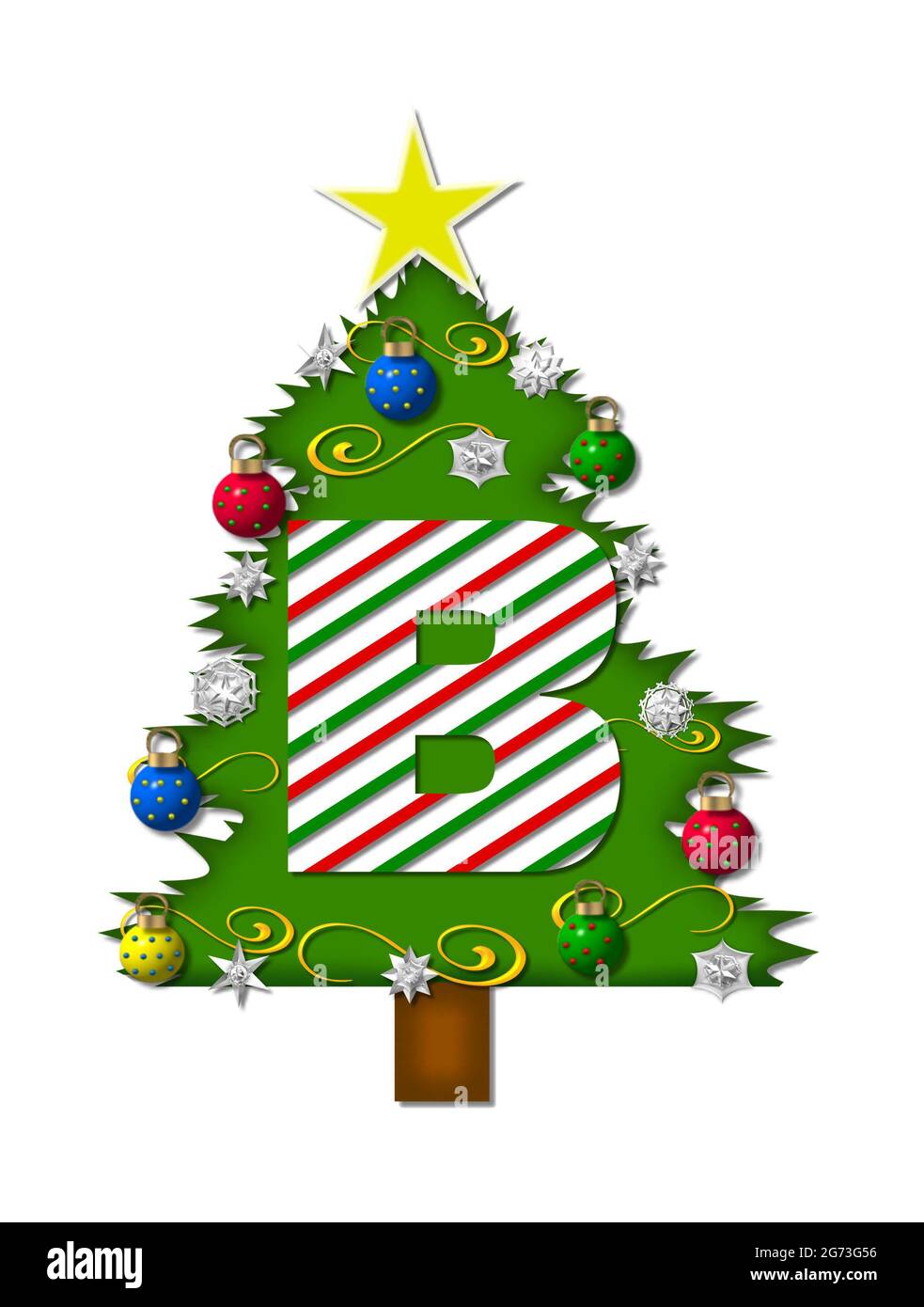 La lettera B, nell'insieme dell'alfabeto 'gioia di Natale', è una lettera a strisce di canna di caramella che decora un albero di Natale. L'albero è coperto di fiocchi di neve e 3D o Foto Stock